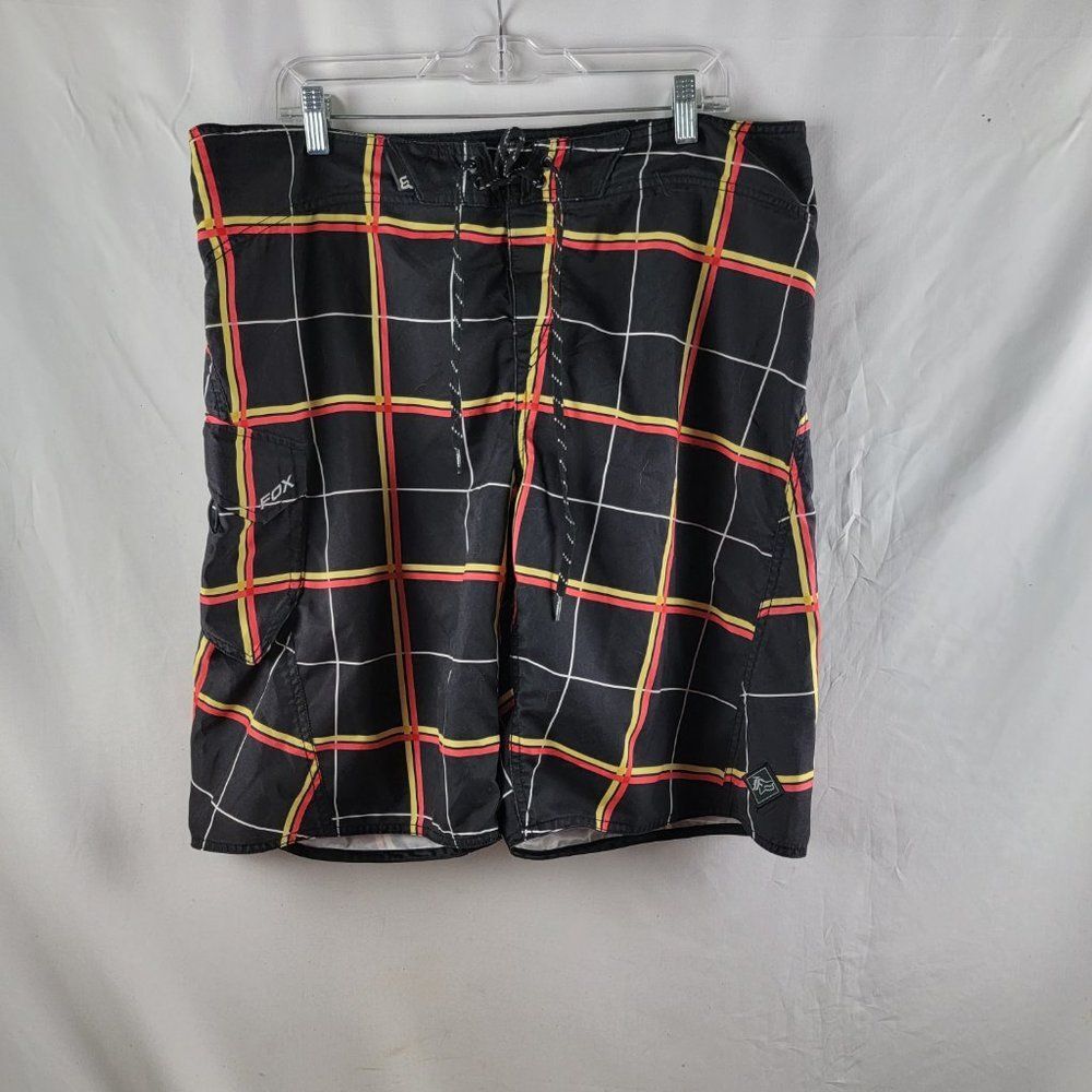Fox Racing Shorts Mens 38 Black Yellow Swim Trunks Board Surf Drawstring Pocket